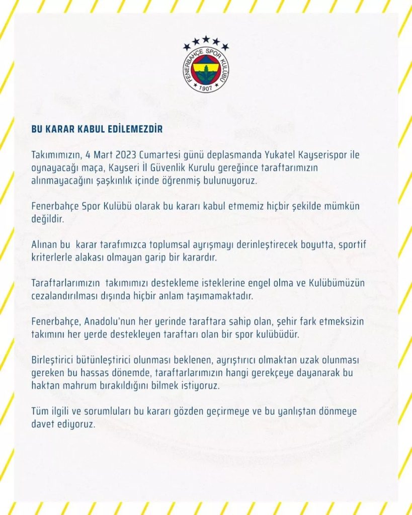 Sarı lacivertliler Kayserispor-Fenerbahçe maçına alınmayacak